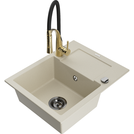 Mexen Enzo fregadero de granito de 1 cubeta con escurridor y grifo de cocina Aster, beige - 6506-69-73450-57-B