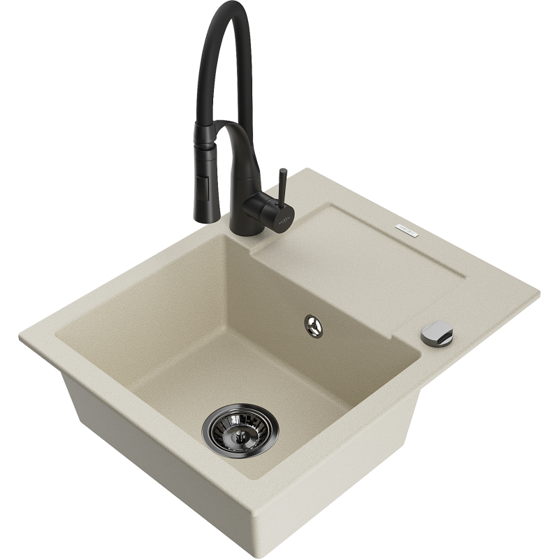 Mexen Enzo fregadero de granito de 1 cubeta con escurridor y grifo de cocina Aster, beige - 6506-69-73450-70-B