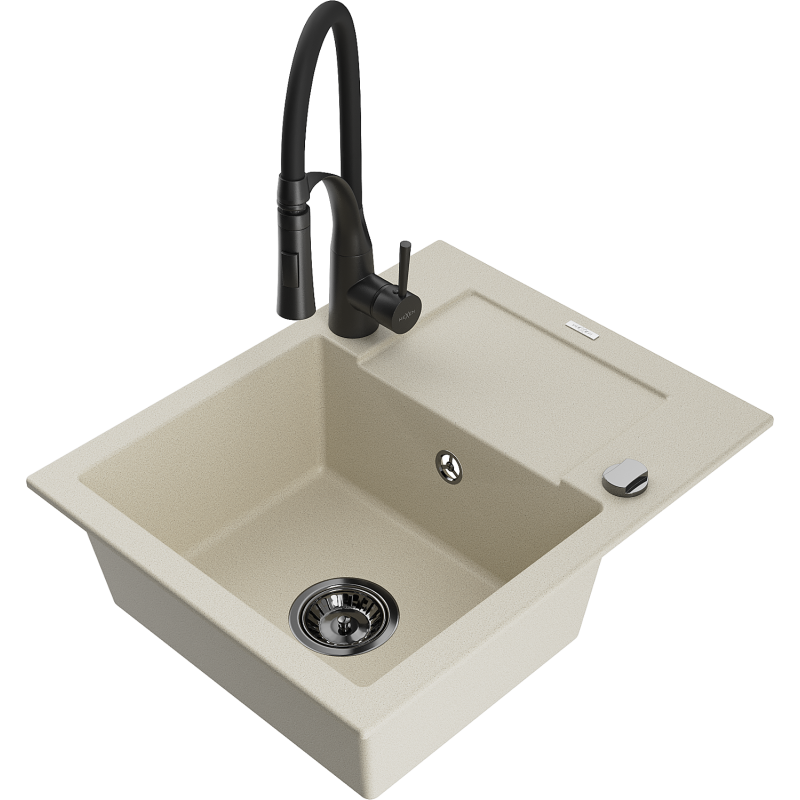 Mexen Enzo Granitspüle 1-Becken mit Abtropfbereich und Küchenarmatur Aster, beige - 6506-69-73450-70-B