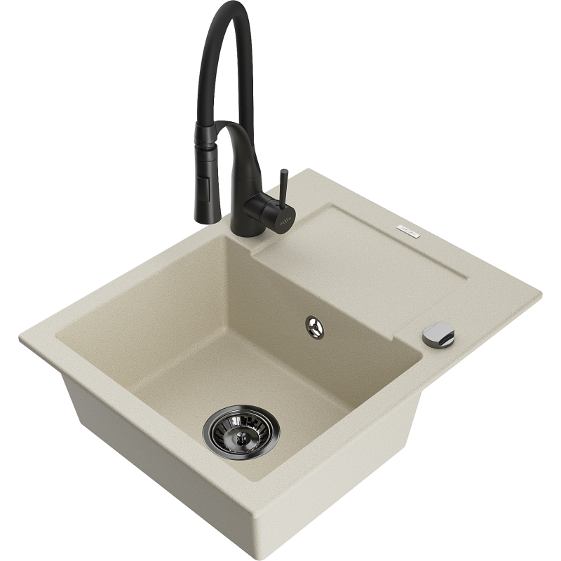 Mexen Enzo lava-loiça de granito de 1 bacia com escorredor e torneira de cozinha Aster, bege - 6506-69-73450-70-B