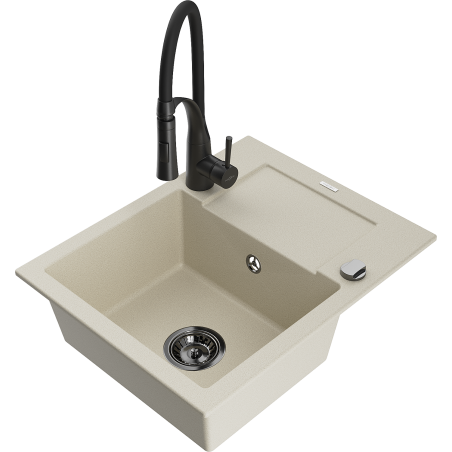 Mexen Enzo Granitspüle 1-Becken mit Abtropfbereich und Küchenarmatur Aster, beige - 6506-69-73450-70-B