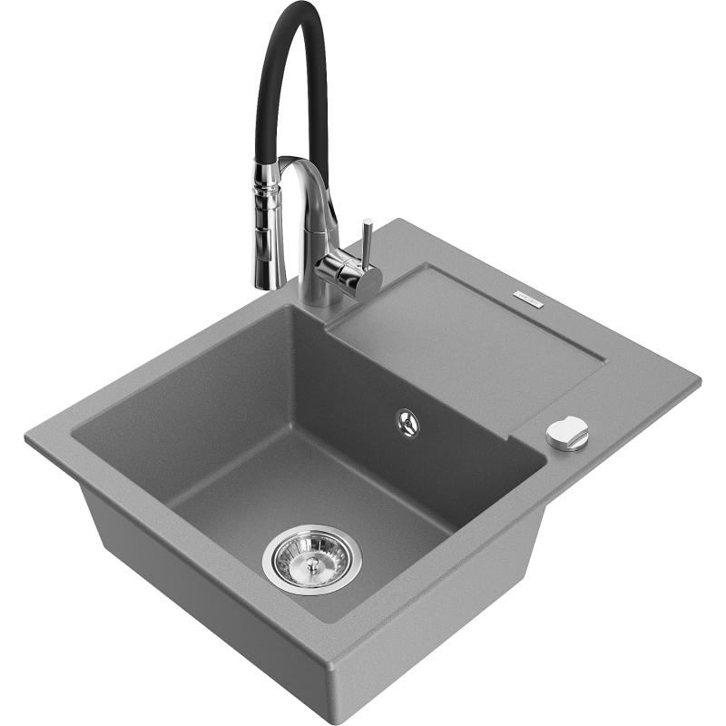 Mexen Enzo granieten gootsteen met 1 bak, afdruiprek en Aster keukenmengkraan, grijs - 6506-71-73450-07