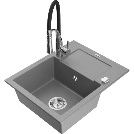 Mexen Enzo granieten gootsteen met 1 bak, afdruiprek en Aster keukenmengkraan, grijs - 6506-71-73450-07