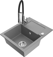 Mexen Enzo granite sink 1-bowl with drainer and kitchen tap Aster, grey - 6506-71-73450-07