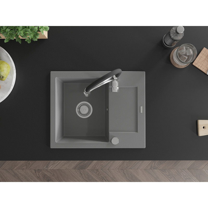 Mexen Enzo fregadero de granito de 1 cubeta con escurridor y grifo de cocina Aster, gris - 6506-71-73450-07