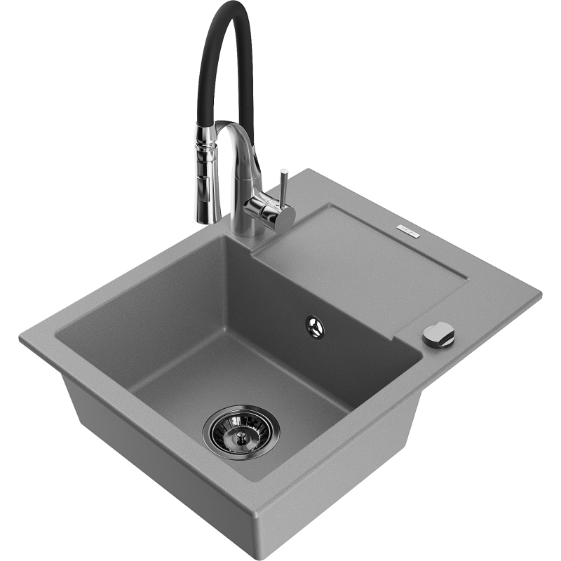 Mexen Enzo granite sink 1-bowl with drainer and Aster kitchen tap, grey - 6506-71-73450-07-B