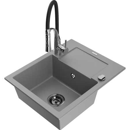 Mexen Enzo évier en granit 1 bac avec égouttoir et mitigeur de cuisine Aster, gris - 6506-71-73450-07-B