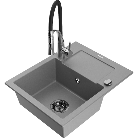 Mexen Enzo granite sink 1-bowl with drainer and Aster kitchen tap, grey - 6506-71-73450-07-B