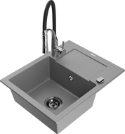 Mexen Enzo granite kitchen sink 1-bowl with drainer and Aster kitchen faucet, gray - 6506-71-73450-07-B