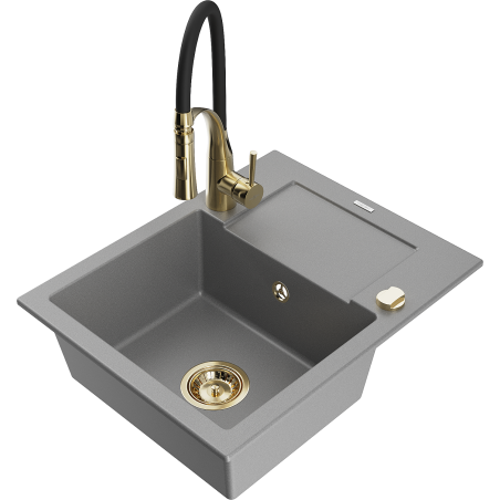 Mexen Enzo granite kitchen sink 1-bowl with drainer and Aster kitchen tap, grey - 6506-71-73450-57-G