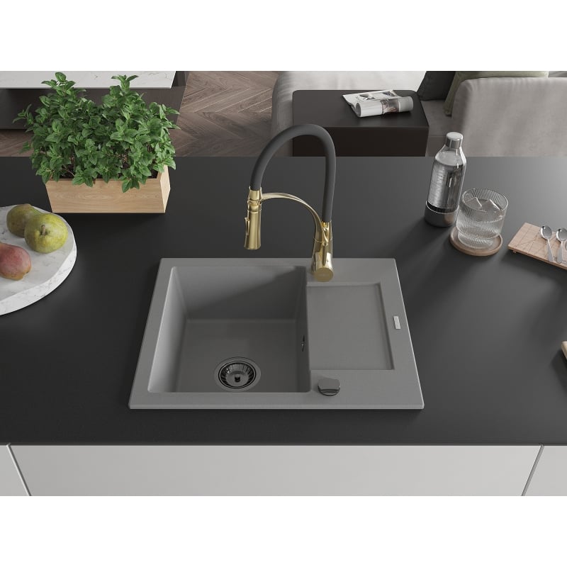 Mexen Enzo granite sink 1-bowl with drainer and kitchen faucet Aster, gray - 6506-71-73450-57-B