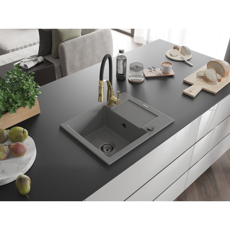 Mexen Enzo single-bowl granite sink with drainer and Aster kitchen tap, grey - 6506-71-73450-57-B