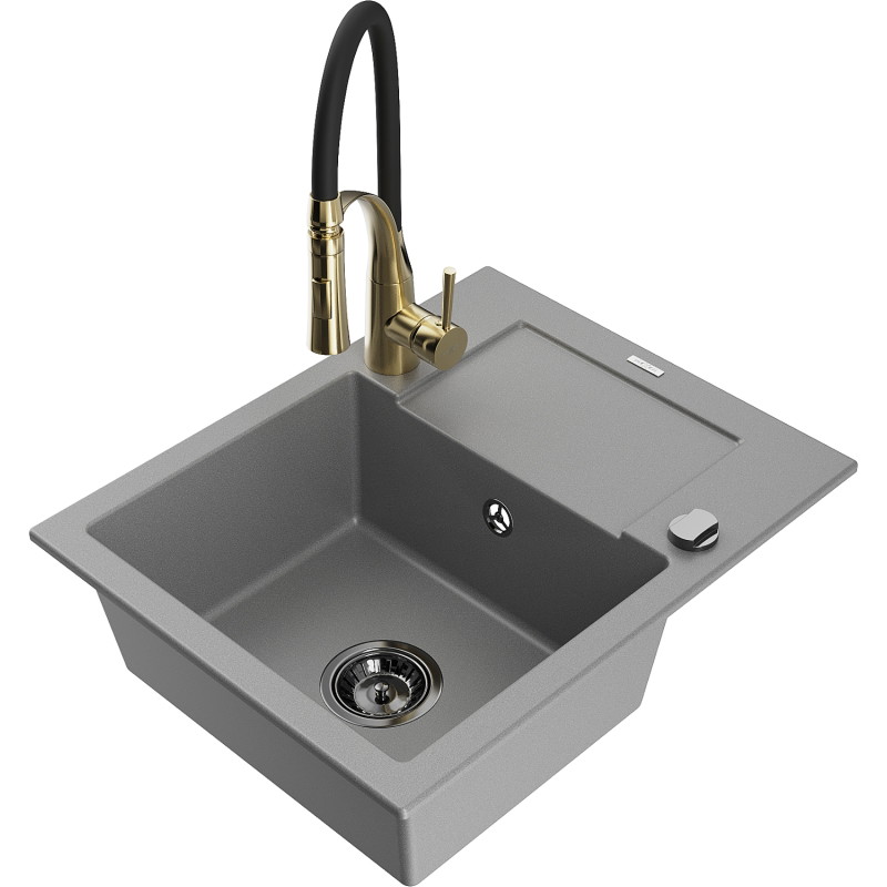 Mexen Enzo fregadero de granito de 1 cubeta con escurridor y grifo de cocina Aster, gris - 6506-71-73450-57-B