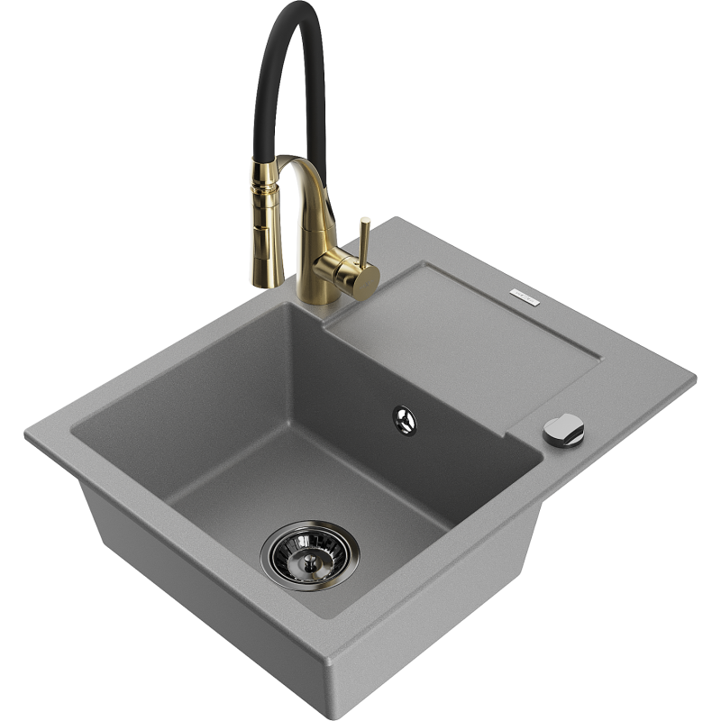 Mexen Enzo fregadero de granito de 1 seno con escurridor y grifo de cocina Aster, gris - 6506-71-73450-57-B