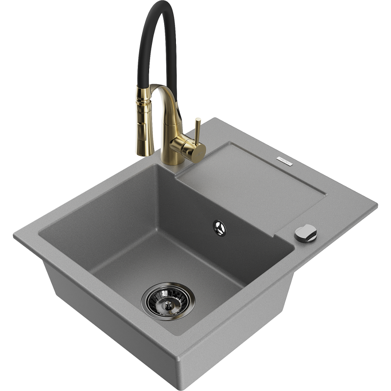 Mexen Enzo single-bowl granite sink with drainer and Aster kitchen tap, grey - 6506-71-73450-57-B