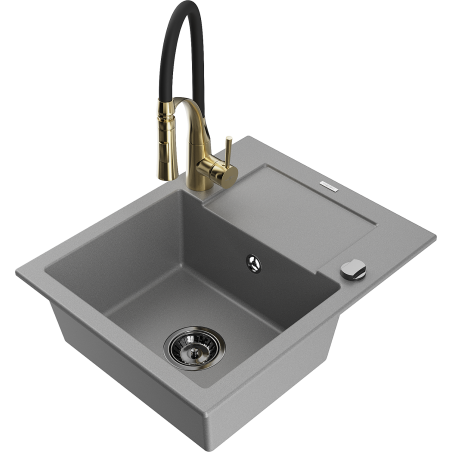 Mexen Enzo Granitspüle 1-becken mit Abtropffläche und Küchenarmatur Aster, grau - 6506-71-73450-57-B