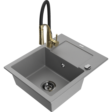 Mexen Enzo single-bowl granite sink with drainer and Aster kitchen tap, grey - 6506-71-73450-57-B