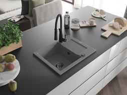 Mexen Enzo granite sink 1-bowl with drainer and Aster kitchen tap, grey - 6506-71-73450-70-B