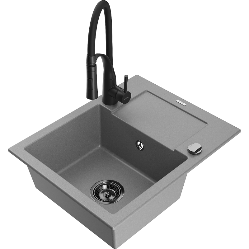 Mexen Enzo granite sink 1-bowl with drainer and Aster kitchen tap, grey - 6506-71-73450-70-B