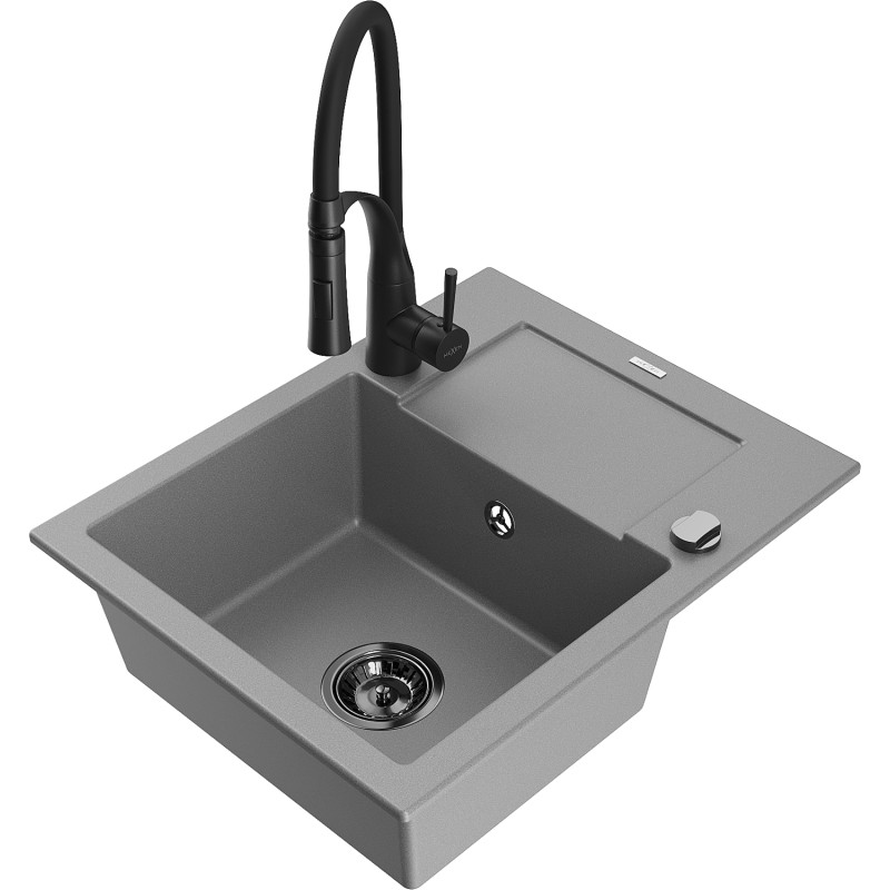 Mexen Enzo Granitspüle 1-Becken mit Abtropffläche und Küchenarmatur Aster, grau - 6506-71-73450-70-B