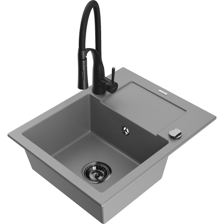 Mexen Enzo 1-Kammer Granitspüle mit Abtropffläche und Küchenarmatur Aster, grau - 6506-71-73450-70-B
