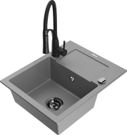Mexen Enzo granite sink 1-bowl with drainer and Aster kitchen tap, grey - 6506-71-73450-70-B