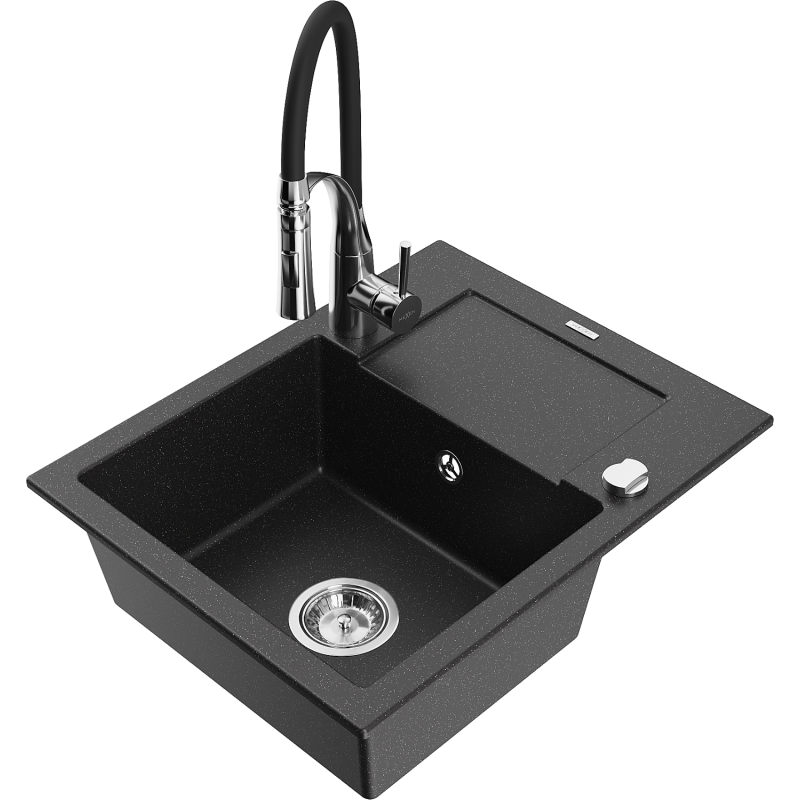 Mexen Enzo granite sink with 1 bowl, drainer and Aster kitchen tap, black/silver metallic - 6506-73-73450-07