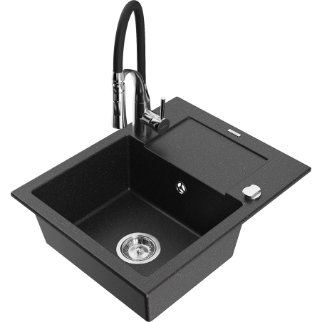 Mexen Enzo 1-bowl granite kitchen sink with drainer and Aster kitchen faucet, black/silver metallic - 6506-73-73450-07