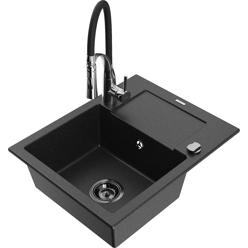 Mexen Enzo 1-Bowl Granite Sink with Drainer and Aster Kitchen Tap, Black/Silver Metallic - 6506-73-73450-07-B