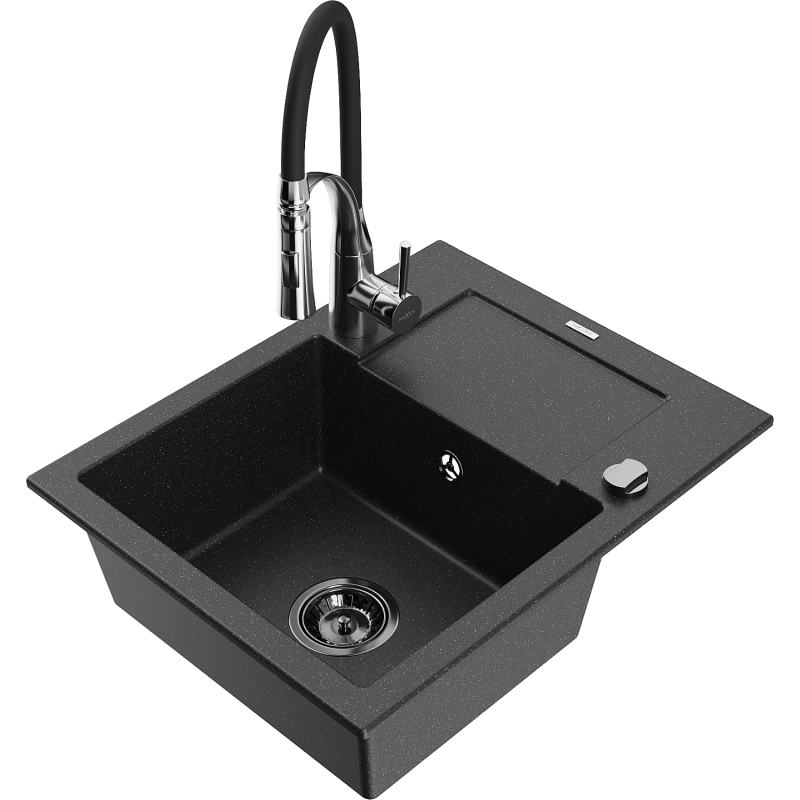 Mexen Enzo fregadero de granito de 1 seno con escurridor y grifo de cocina Aster, negro/plateado metálico - 6506-73-73450-07-B