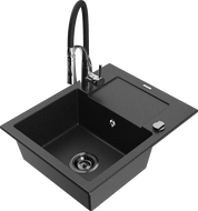Mexen Enzo granite kitchen sink 1-bowl with drainer and Aster kitchen faucet, black/silver metallic - 6506-73-73450-07-B