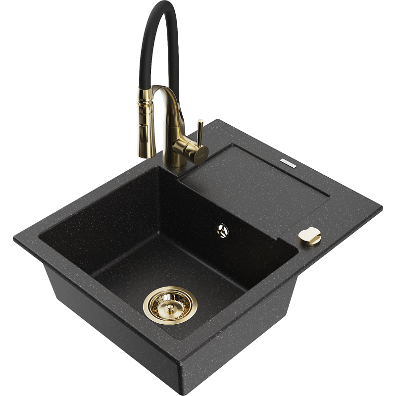 Mexen Enzo fregadero de granito de 1 seno con escurridor y grifo de cocina Aster, negro/plateado metálico - 6506-73-73450-57-G