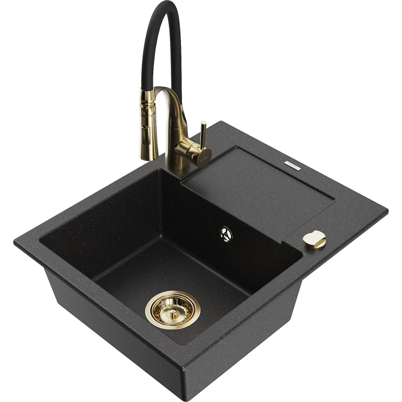 Mexen Enzo granieten gootsteen 1-bak met afdruiprek en keukenmengkraan Aster, zwart/zilver metallic - 6506-73-73450-57-G