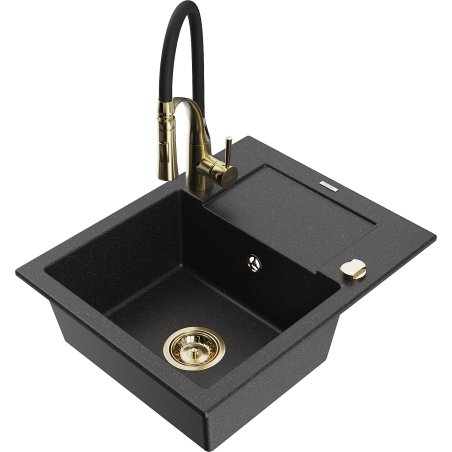 Mexen Enzo granieten gootsteen 1-bak met afdruiprek en keukenmengkraan Aster, zwart/zilver metallic - 6506-73-73450-57-G