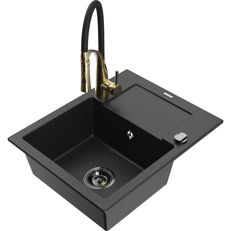 Mexen Enzo 1-bowl granite sink with drainer and Aster kitchen tap, black/silver metallic - 6506-73-73450-57-B