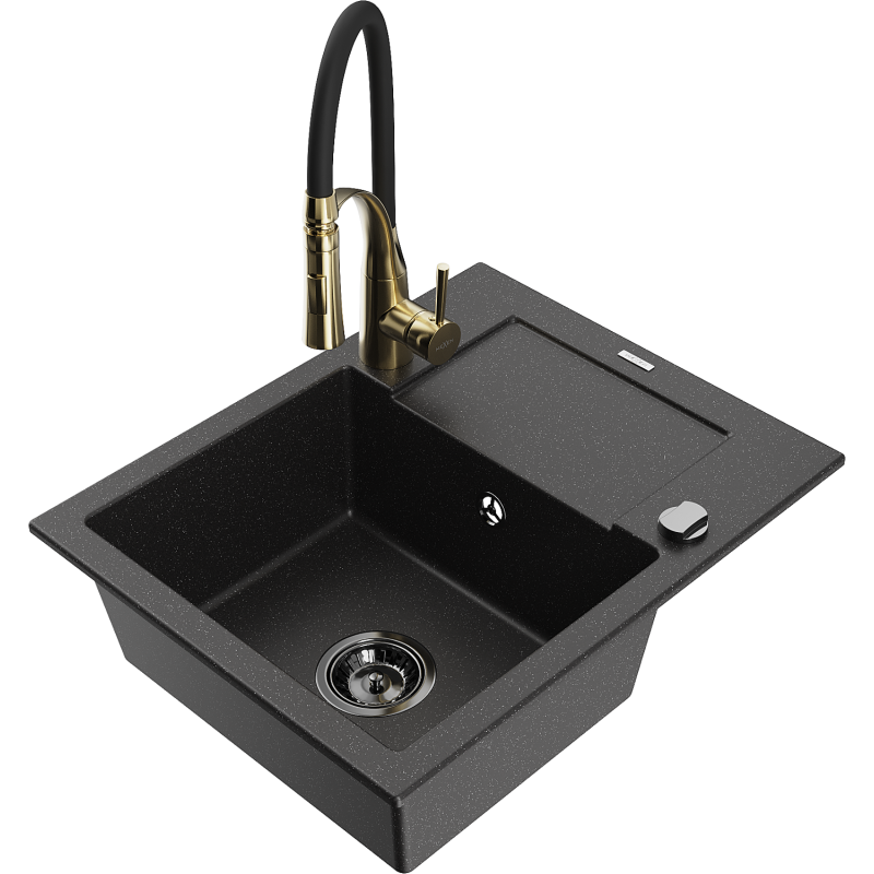 Mexen Enzo granieten spoelbak 1-komers met afdruiprek en keukenmengkraan Aster, zwart/zilveren metallic - 6506-73-73450-57-B