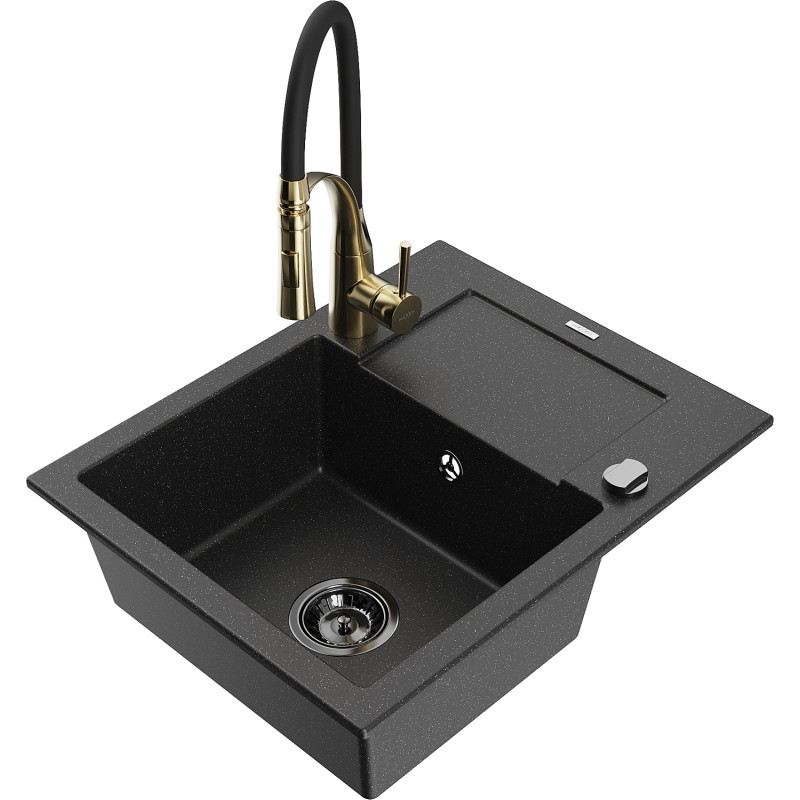 Mexen Enzo Granitspüle 1-beckig mit Abtropffläche und Küchenarmatur Aster, schwarz/silber Metallic - 6506-73-73450-57-B