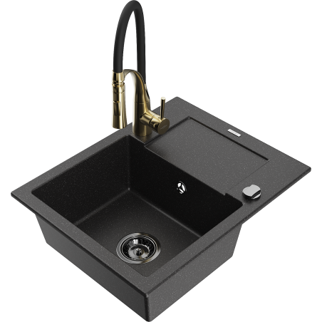 Mexen Enzo granitē ieskalošanas izlietne ar vienu nodalījumu un noteci, virtuvē ar jaucējkrānu Aster, melns/sudraba