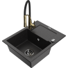 Mexen Enzo granitische gootsteen met 1 bak en afdruiprek en keukenkraan Aster, zwart/zilver metallic - 6506-73-73450-57-B