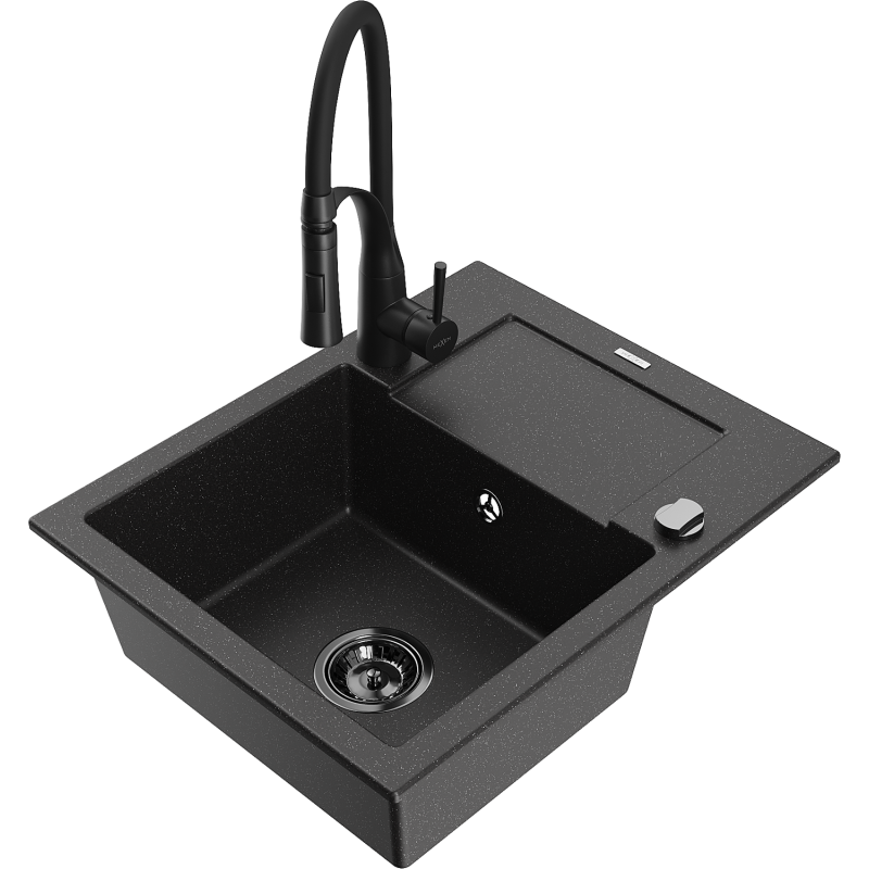 Mexen Enzo granitische gootsteen met 1 bak met afdruiprek en keukenkraan Aster, zwart/zilver metallic - 6506-73-73450-70-B
