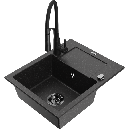 Mexen Enzo 1-bowl granite sink with drainer and Aster kitchen tap, black/silver metallic - 6506-73-73450-70-B