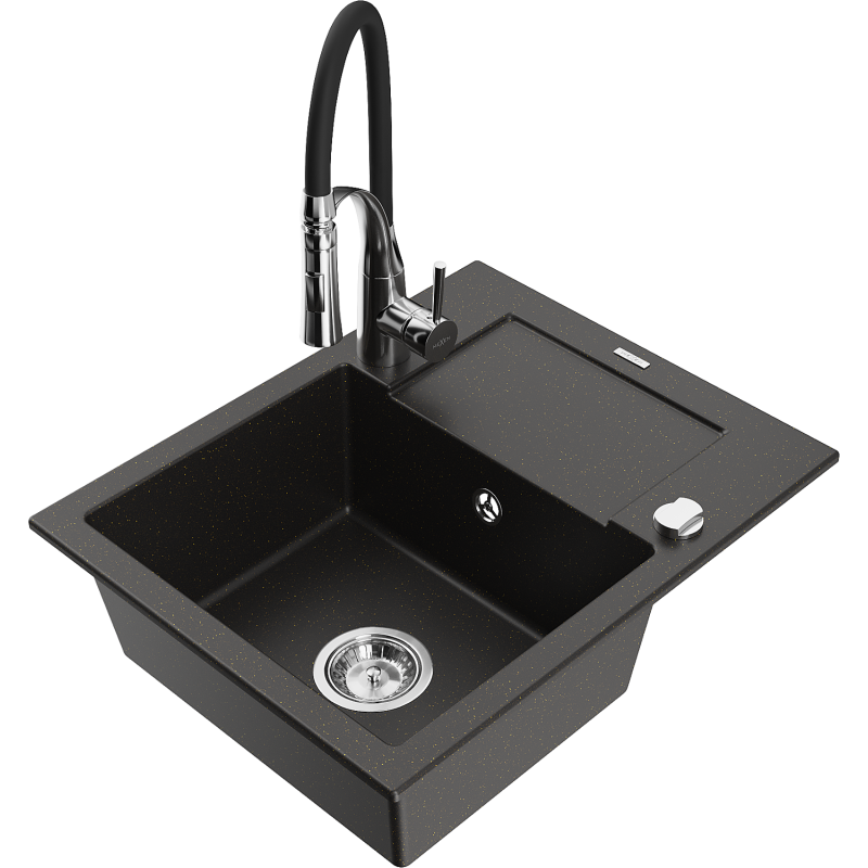 Mexen Enzo 1-Bowl Granite Kitchen Sink with Drainer and Aster Kitchen Tap, Black/Gold Metallic - 6506-75-73450-07