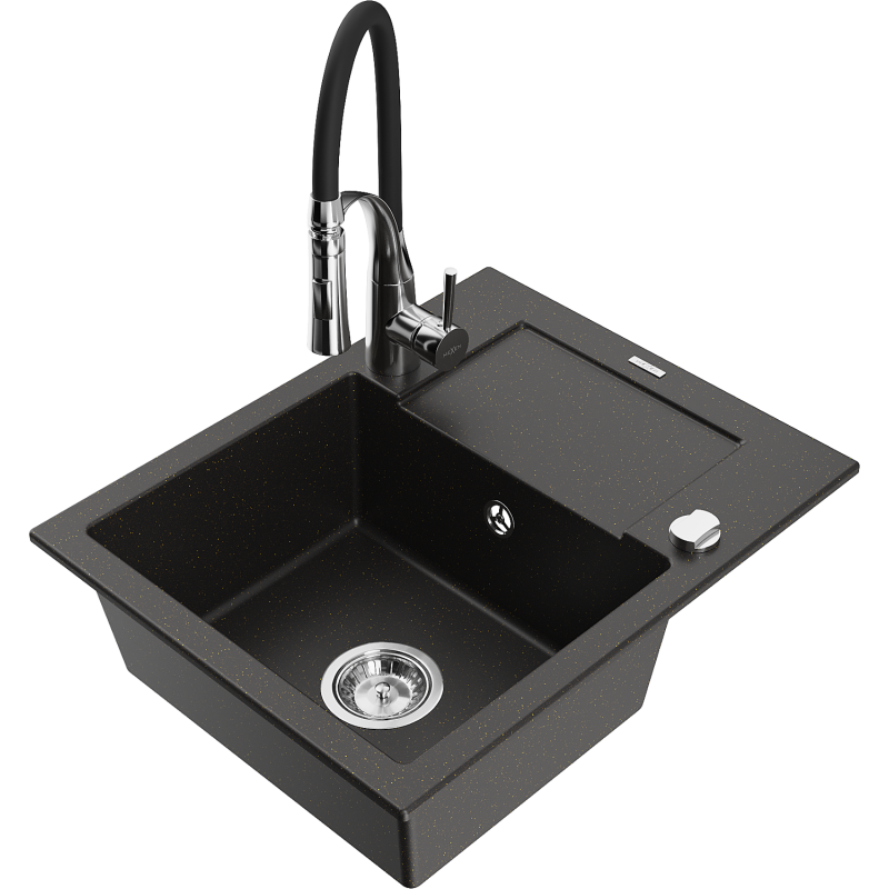 Mexen Enzo granitais izlietne ar vienu nodalījumu, noteces un virtuves jaucējkrānu Aster, melns/zeltains metālisks