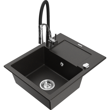 Mexen Enzo granite kitchen sink 1-bowl with drainer and kitchen faucet Aster, black/golden metallic - 6506-75-73450-07
