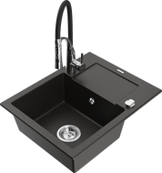 Mexen Enzo 1-Bowl Granite Kitchen Sink with Drainer and Aster Kitchen Tap, Black/Gold Metallic - 6506-75-73450-07