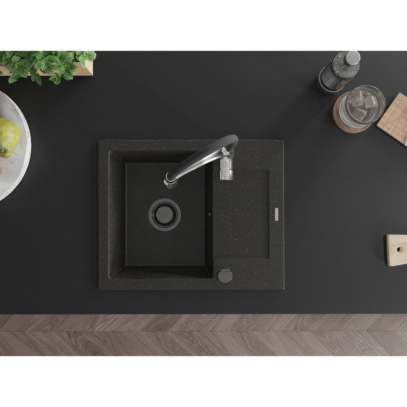 Mexen Enzo lava-louça de granito de uma bacia com escorredor e torneira de cozinha Aster, preto/ouro metálico