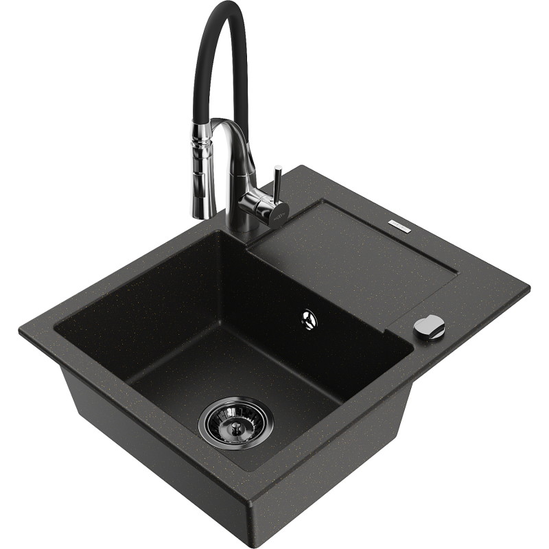 Mexen Enzo granieten gootsteen met 1 bak, afdruiprek en keukenmengkraan Aster, zwart/goud metallic - 6506-75-73450-07-B
