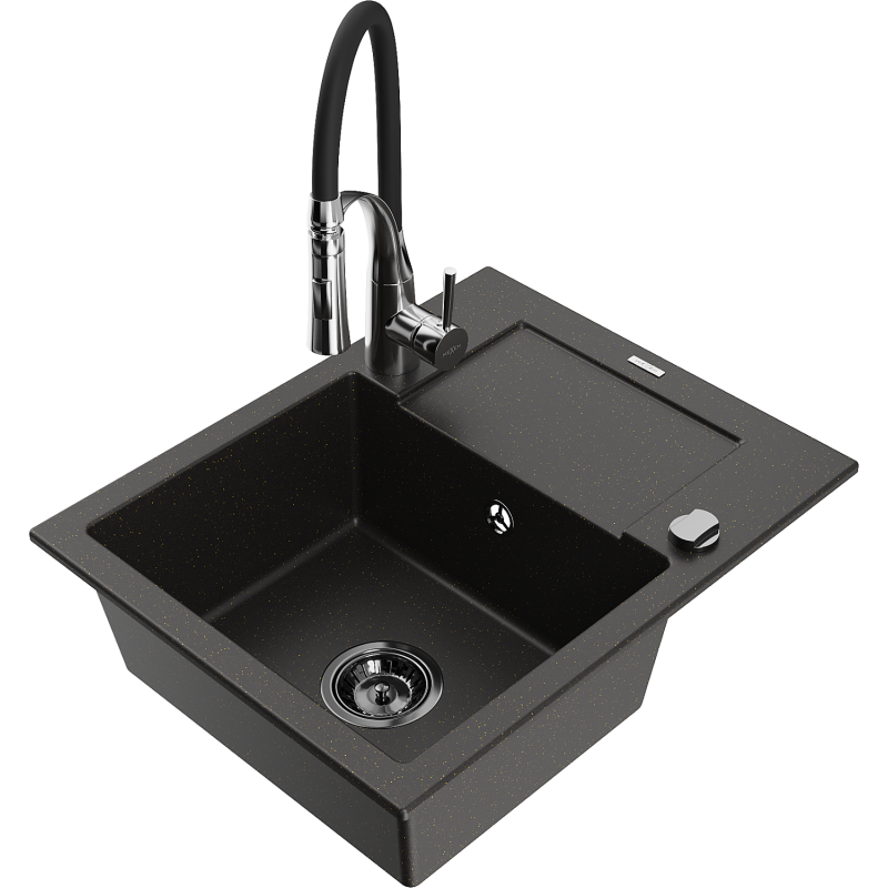 Mexen Enzo granite sink 1-bowl with drainer and Aster kitchen tap, black/gold metallic - 6506-75-73450-07-B