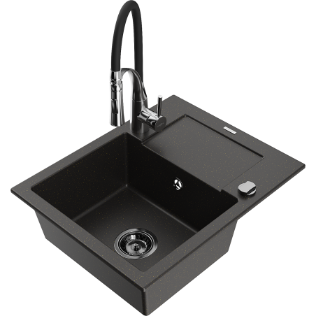 Mexen Enzo granite sink 1-bowl with drainer and Aster kitchen tap, black/gold metallic - 6506-75-73450-07-B