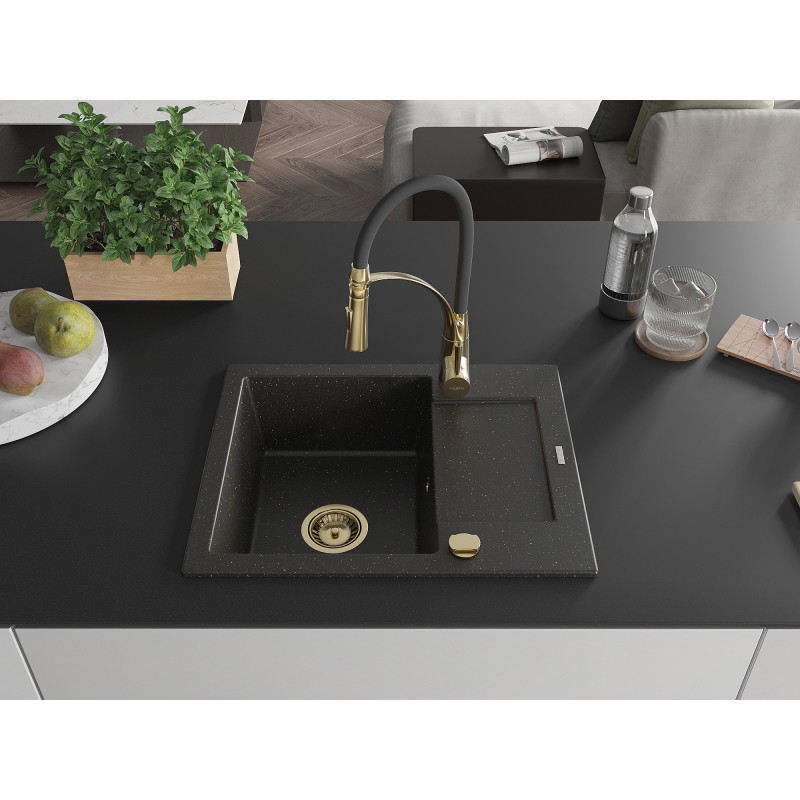 Mexen Enzo granitische spoelbak met 1 bak en afdruiprek en keukenmengkraan Aster, zwart/goud metallic - 6506-75-73450-57-G